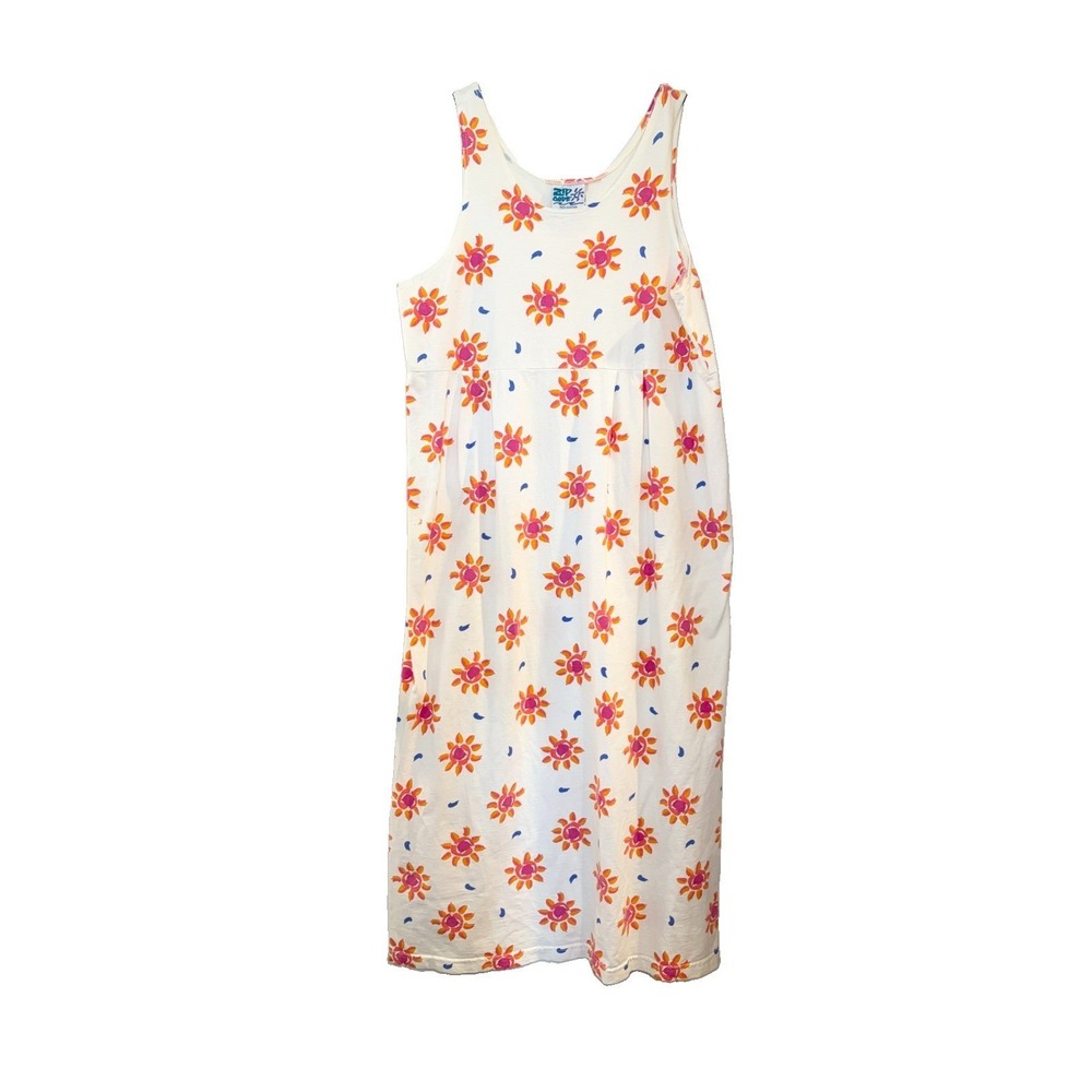 Vtg 90s Zip Code Pink Sun Print Maxi Dress  Cotton Celestial Whimsical L